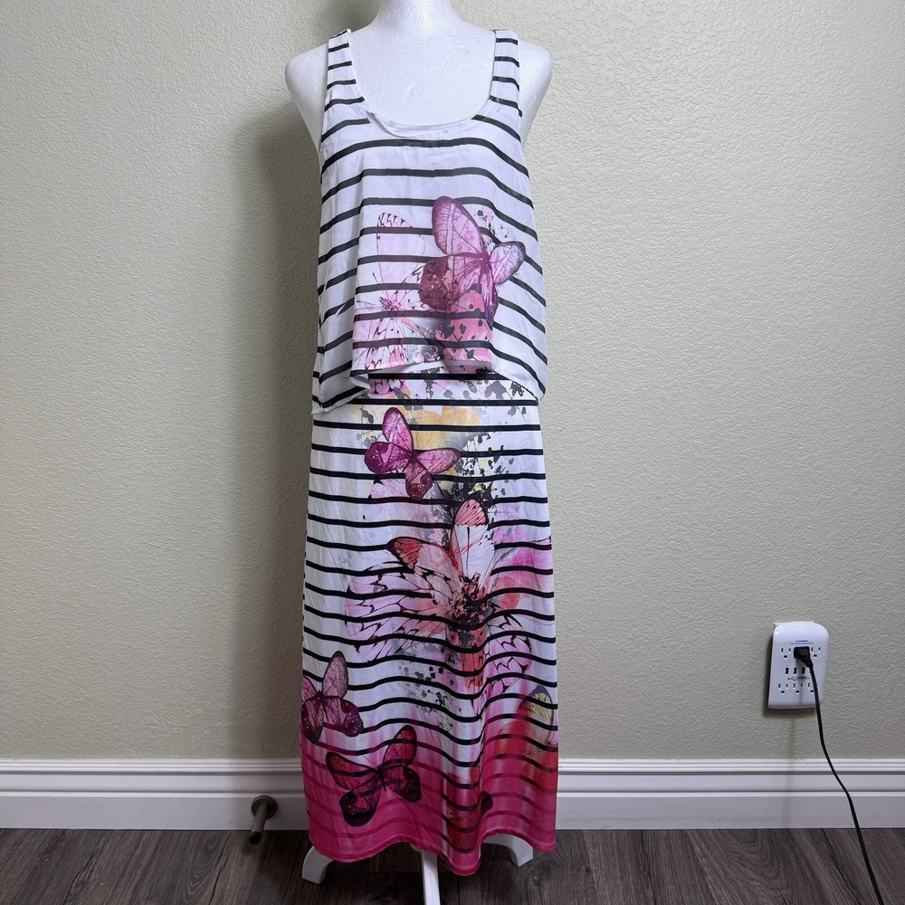 JFW  Dress Tank White‎ With Black Stripes Pink Butterflies Size S Floral Midi